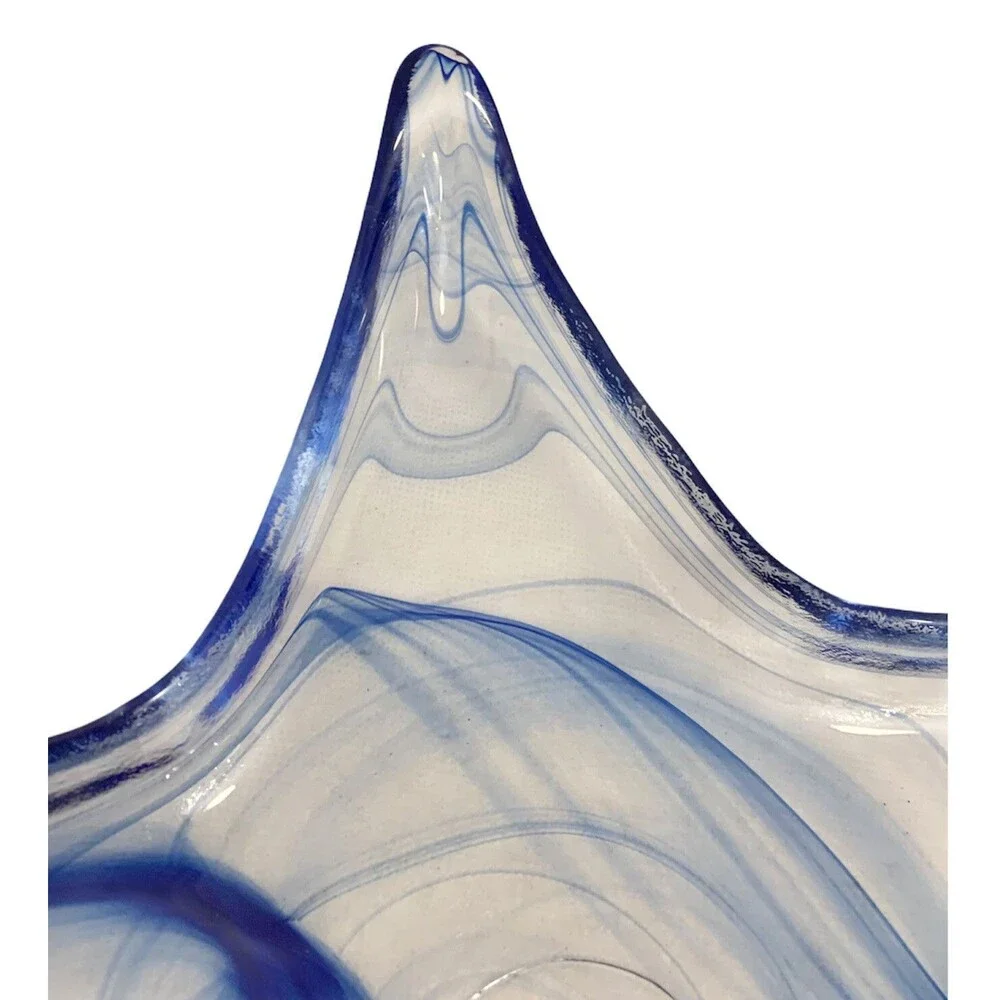 Unique Blue Clear Swirl Murano Type Glass Starfish Curved Glass Plate Bowl Dish